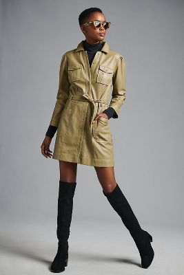 Faux Leather Shirt Dress In Beige