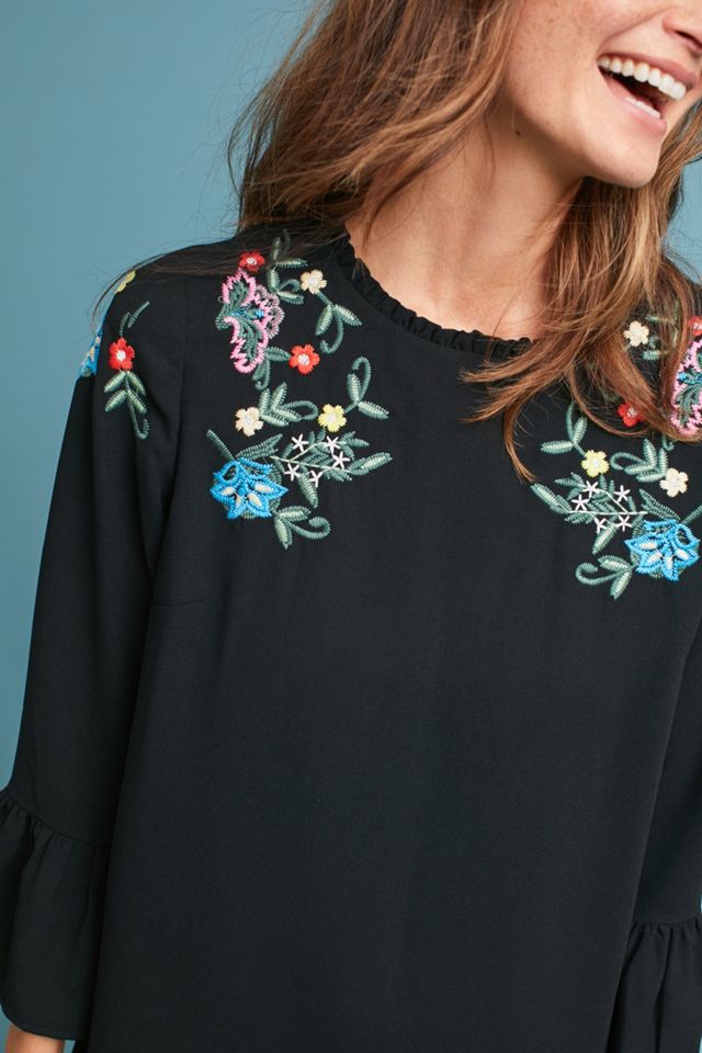 Embroidered Bell-Sleeve Mini Dress #1