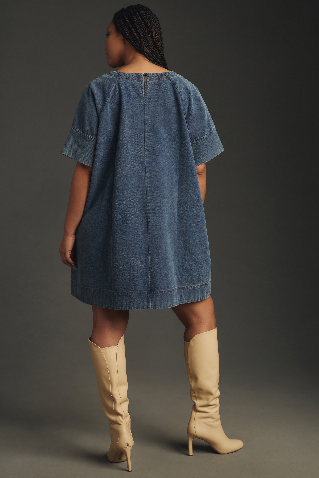 Porridge Short-Sleeve Denim Swing Mini Dress