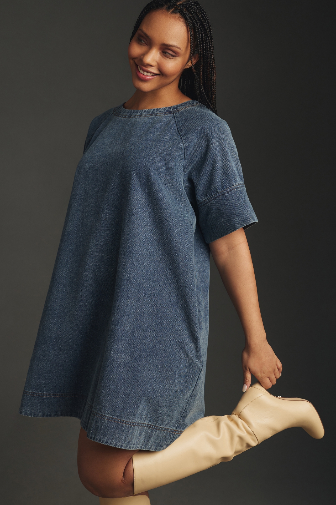 Porridge Short-Sleeve Denim Swing Mini Dress