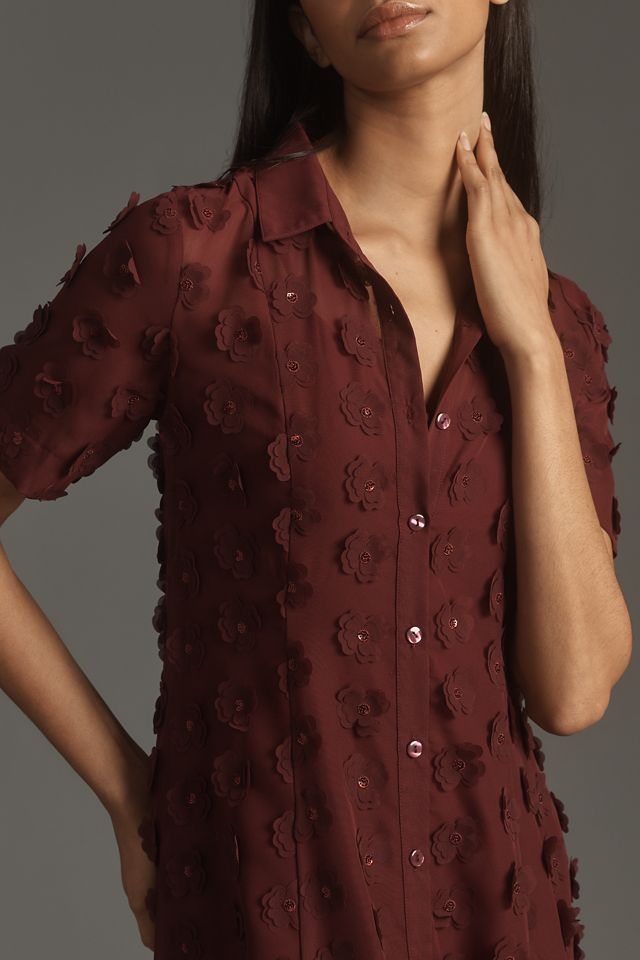 porridge 3d floral shirt dress Porridge Short-Sleeve Sheer 3D Floral Shirt Dress
