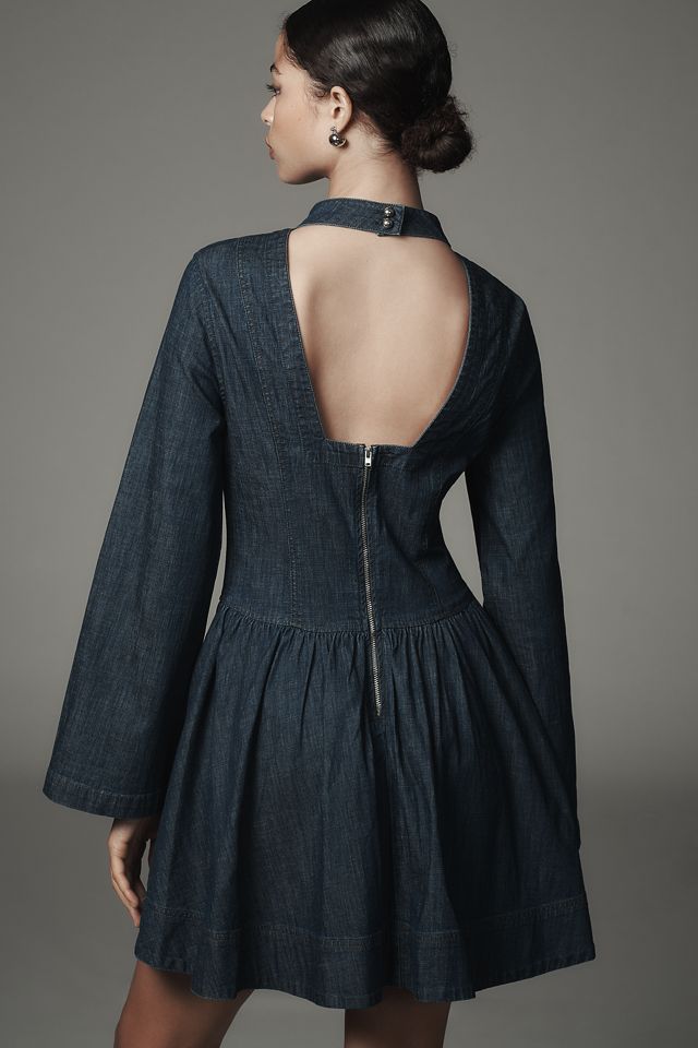 knee length dresses for ladies Dark Denim Puff Sleeve Babydoll Dress - Mini