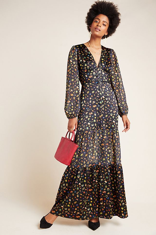cynthia rowley dresses Golden Hour Sequin Dress / Pink-Gold Sequin / 6 / Designed with layered ruffle tiers and delicate loop trim at the collar and hem Cynthia Rowley Tiered Maxi Dress