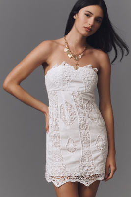 Anna Sui Strapless Lace Applique Mini Dress In White