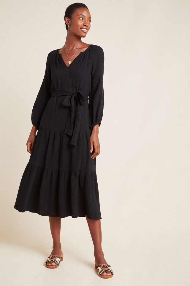 sequin dress midi length Ieena for Mac Duggal - Black Sequin Ruffle Midi Dress with Belt