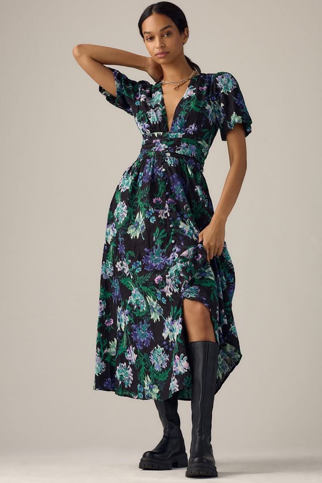 By Anthropologie Long-Sleeve V-Neck Midi Shirt Dress