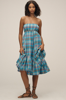 PILCRO STRAPLESS FLOUNCED MIDI DRESS 