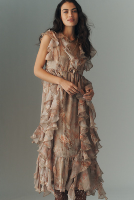 By Anthropologie Ruffled Sleeveless Plunge Midi Dress In Brown