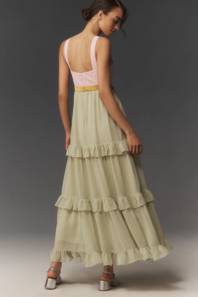 Maeve Embellished Deep-V Tiered Ruffle Maxi Dress #1