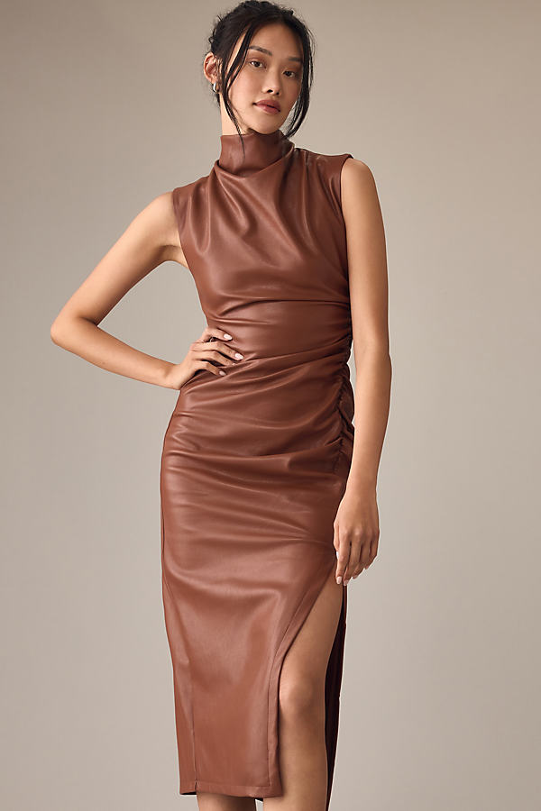 The Maya Ruched Cowl-Neck Midi Dress: Faux Leather Edition