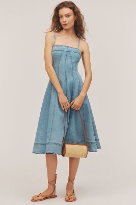 Pilcro Square-neck Seamed Chambray Midi Dress