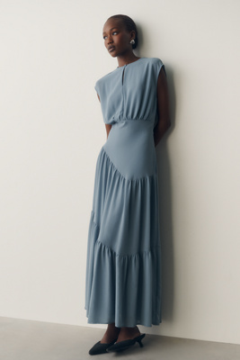 anthropologie blue linen dress Celandine Linen-Blend Halter Side-Slit Maxi Dress
