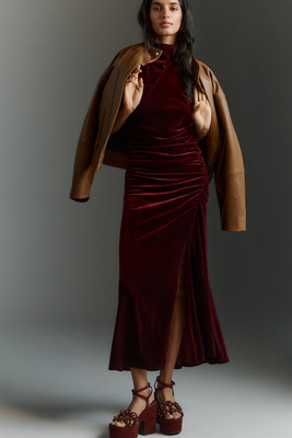 Bishop + Young Halter Velvet Midi Dress In Burgundy