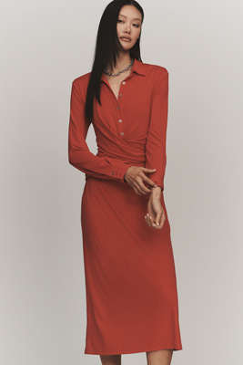 By Anthropologie Draped Long-sleeve Midi Shirt Dress In Red