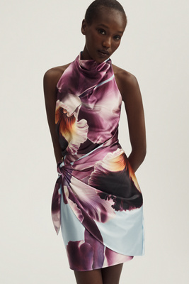 halter applique mini dress anthropologie Maeve Draped Halter Satin Mini Dress