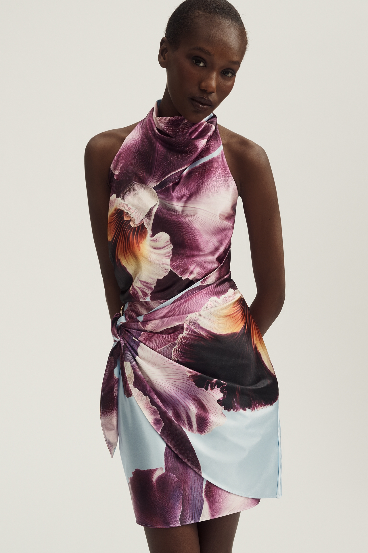 Maeve Draped Halter Satin Mini Dress