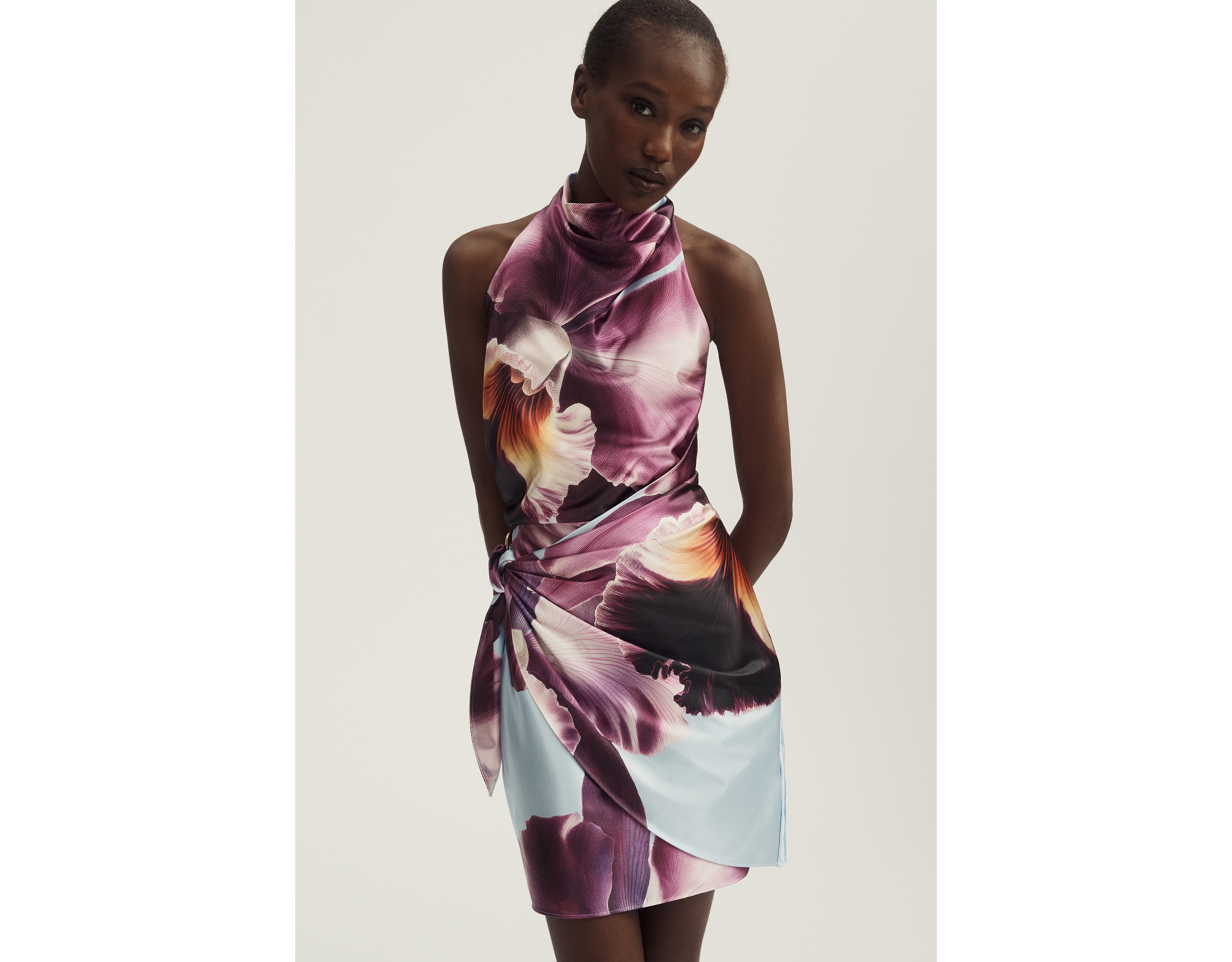 Maeve Draped Halter Satin Mini Dress