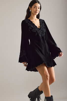 By Anthropologie Iris Velvet Bell-Sleeve Scallop Mini Dress