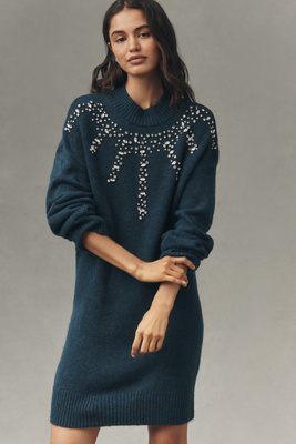 By Anthropologie Long-sleeve Embellished Sweater Mini Dress In Blue