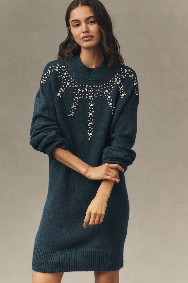 By Anthropologie Long-Sleeve Embellished Sweater Mini Dress #3