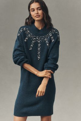 By Anthropologie Long-Sleeve Embellished Sweater Mini Dress