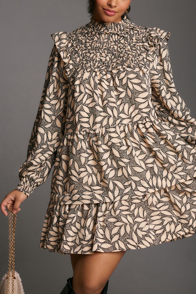 By Anthropologie Long-Sleeve Printed Smocked Mini Dress #7