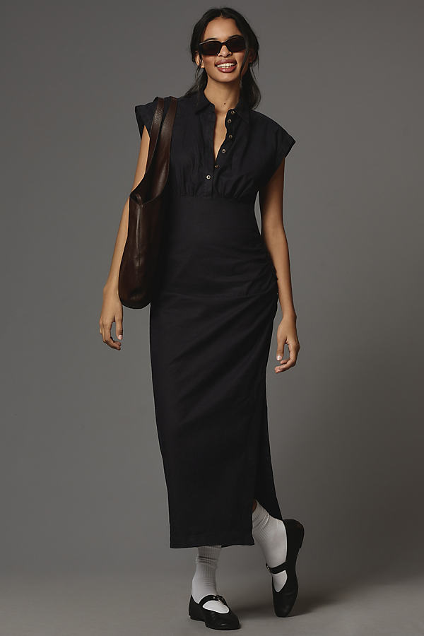 By Anthropologie Cap-sleeve V-neck Ruched Slim Midi Dress In Black