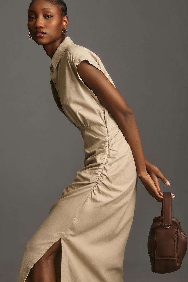 By Anthropologie Cap-Sleeve V-Neck Ruched Slim Midi Dress #1