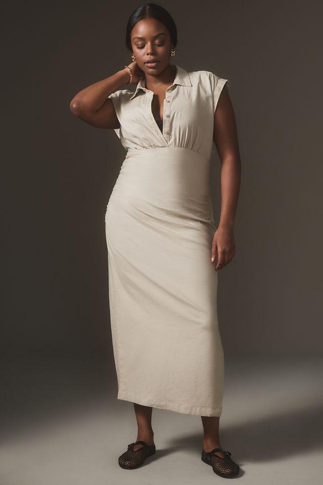 By Anthropologie Cap-Sleeve V-Neck Ruched Slim Midi Dress #4