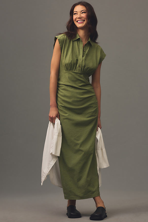 By Anthropologie Cap-sleeve V-neck Ruched Slim Midi Dress In Green