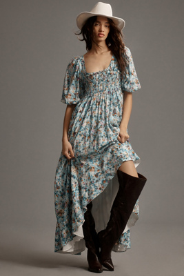 Short-Sleeve Smocked Babydoll Midi Dress