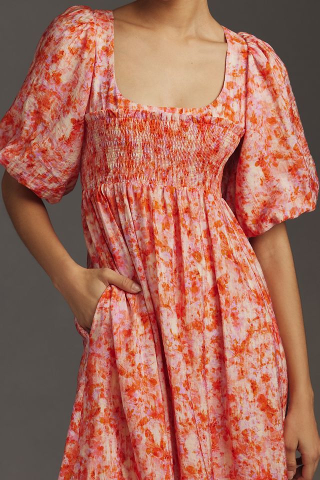 By Anthropologie Short-Sleeve Smocked Babydoll Midi Dress #3