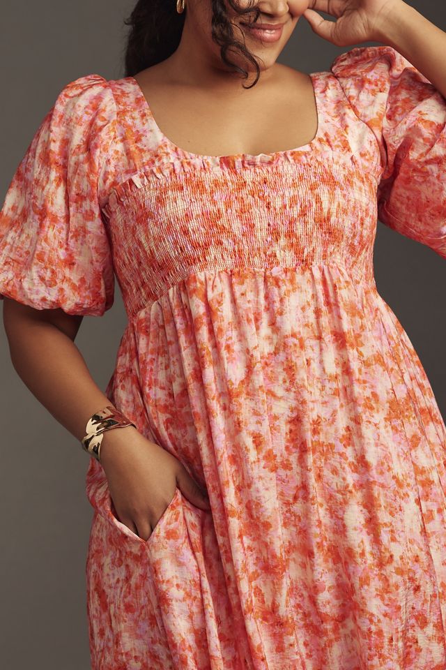 By Anthropologie Short-Sleeve Smocked Babydoll Midi Dress #6
