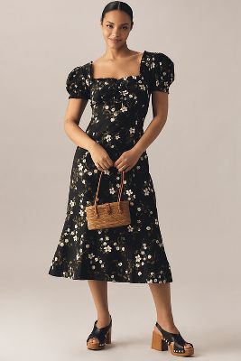 MAEVE LINEN BLEND PUFF-SLEEVE SWEETHEART MIDI DRESS 