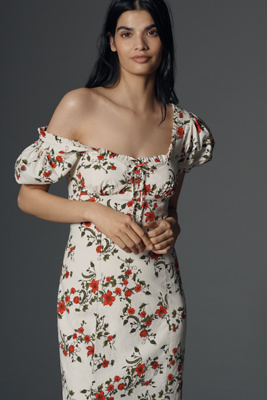 MAEVE LINEN BLEND PUFF-SLEEVE SWEETHEART MIDI DRESS 