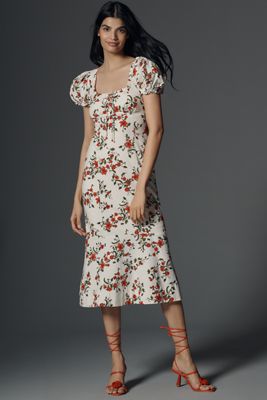 Abito Midi Maeve in Misto Lino con Maniche a Sbuffo e Scollo a Cuore