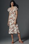 Maeve Linen Blend Puff-Sleeve Sweetheart Midi Dress