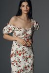 Maeve Linen Blend Puff-Sleeve Sweetheart Midi Dress