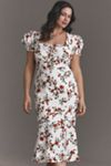 Maeve Linen Blend Puff-Sleeve Sweetheart Midi Dress