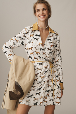 Maeve Long-sleeve Printed Wrap Mini Shirt Dress In White