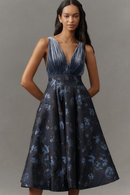 Maeve V-Neck Velvet Jacquard A-Line Midi Dress