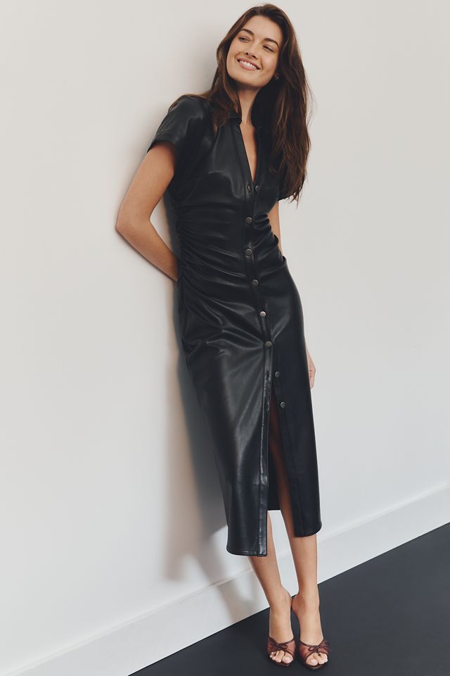 Pilcro Faux-Leather Short-Sleeve Ruched Midi Shirt Dress #1