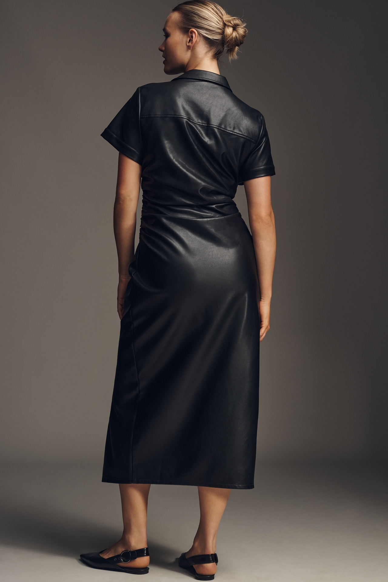 Pilcro Faux-Leather Short-Sleeve Ruched Midi Shirt Dress