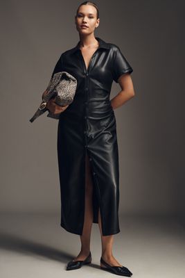 Pilcro Faux-Leather Short-Sleeve Ruched Midi Shirt Dress