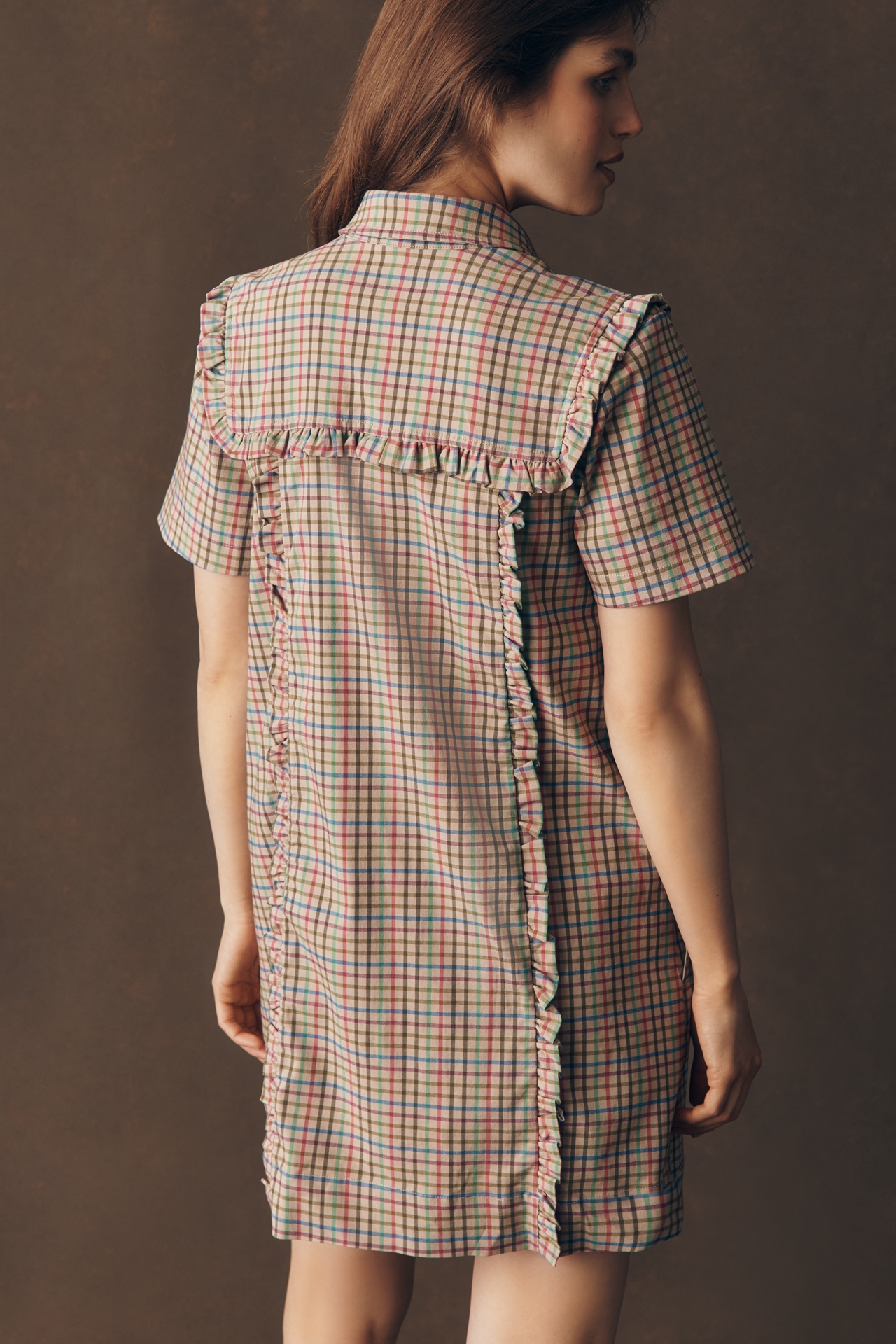 By Anthropologie Short-Sleeve Metallic Brocade Mini Dress