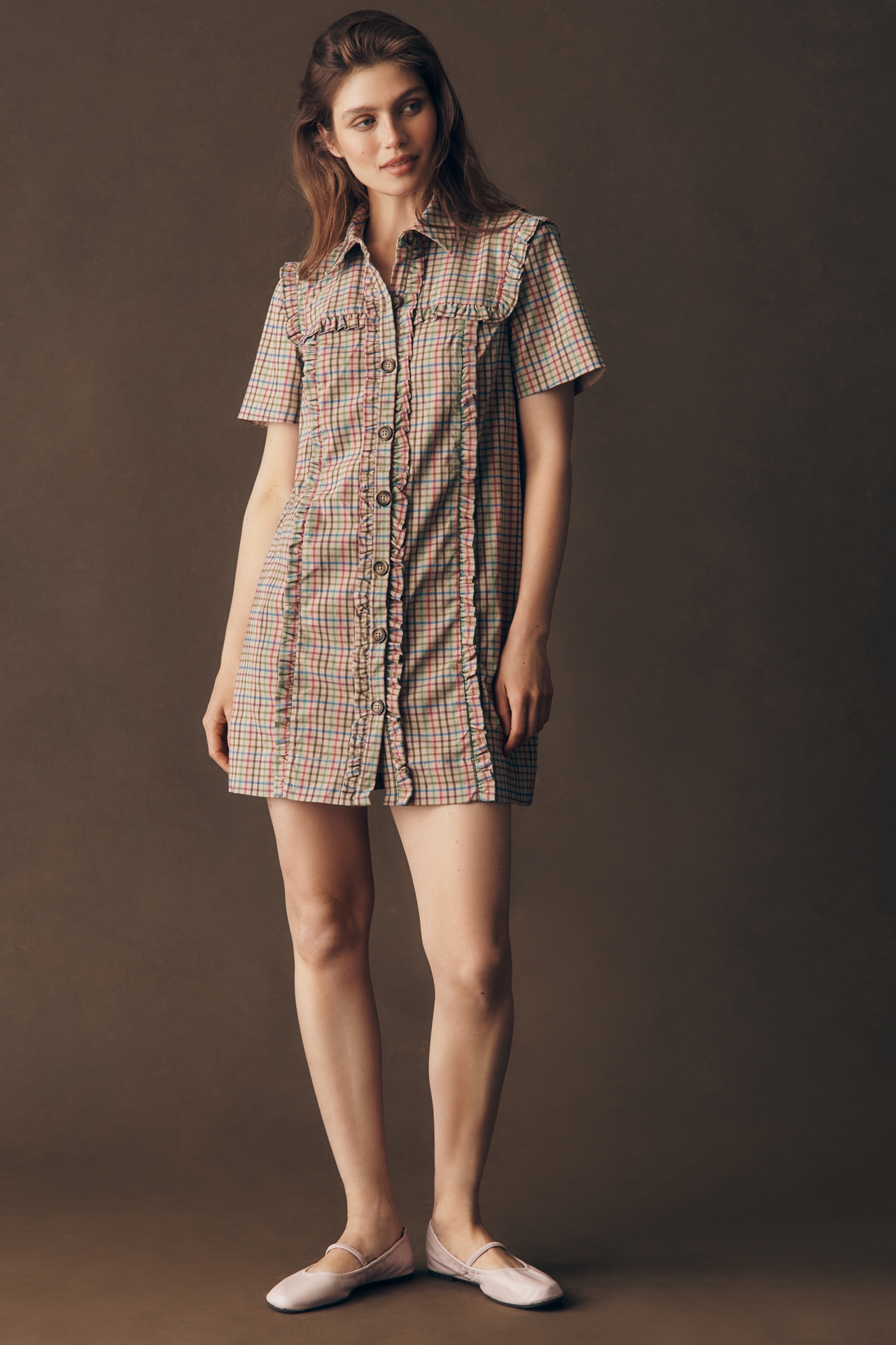 By Anthropologie Short-Sleeve Metallic Brocade Mini Dress