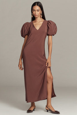 By Anthropologie @loverlygrey X Anthropologie Puff-sleeve V-neck Maxi Dress In Brown