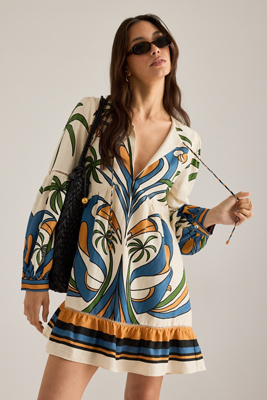 Farm Rio Linen-Blend Tropical Print Mini Dress