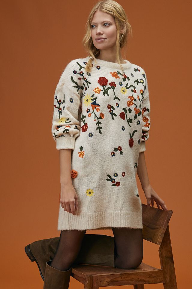 Floral Appliqued Sweater Tunic Dress