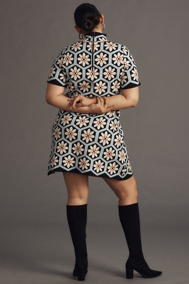 Nina Short-Sleeve Mock-Neck Mod Sweater Mini Dress